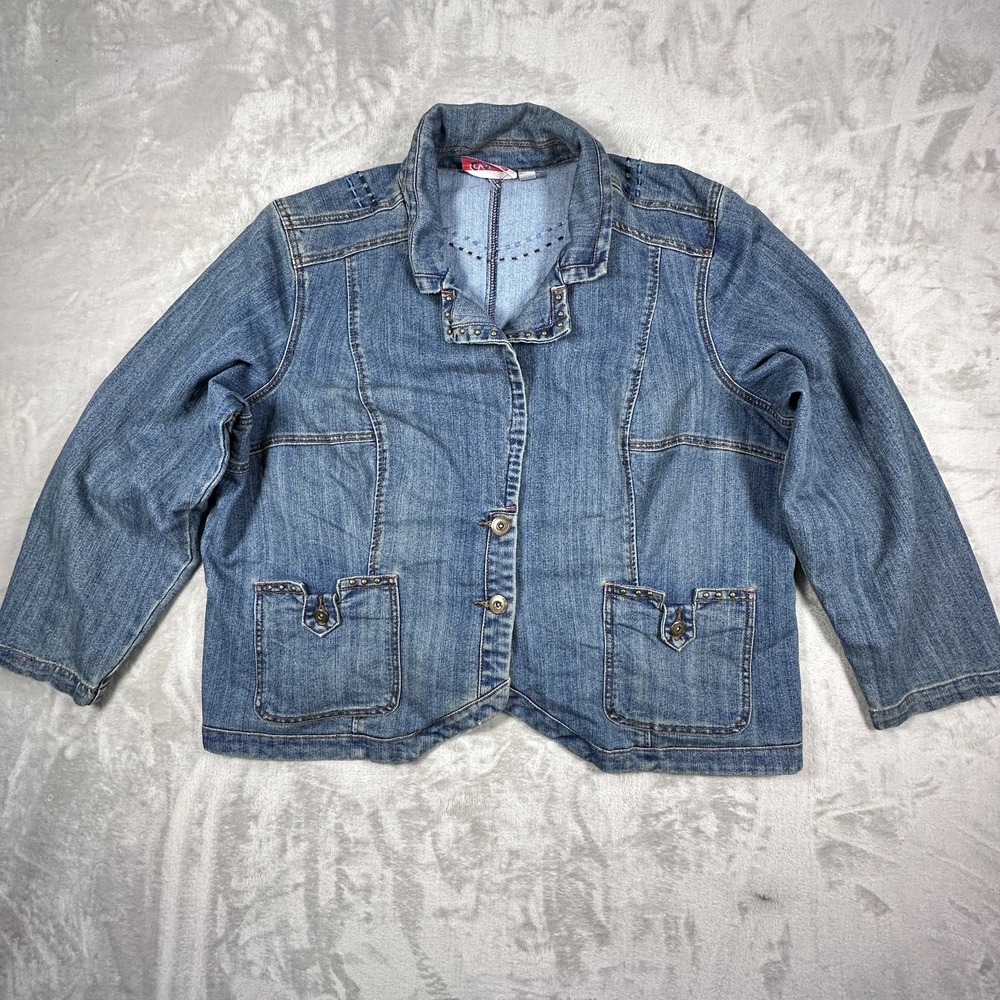 Mwah Jean Jacket Womens Size 26/28 Blue Denim Stretch Studded Collar Coat